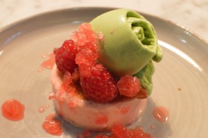 Iced rhubarb w ginger cream, raspberries & sorrel yoghurt sorbet