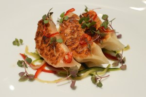 Mulloway & Salmon pan-fried dumplings w shredded cabbage