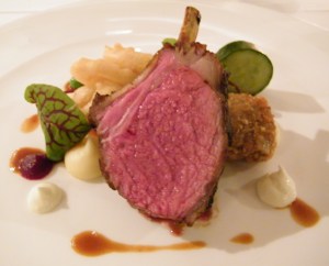 Rack of Junee lamb, braised lamb shoulder scnitzel, onion rings, cucumber & yoghurt