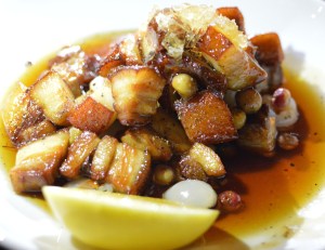 Red-braised caramelised Black Berkshire pork belly w Malfroy's pure yellow box honeycomb, fresh organic muntries & fresh lychees