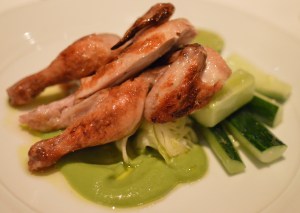Roasted Thirlmere spatchcock w cucumber, iceberg, avocado & coriander puree