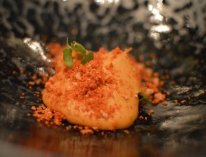 NZ scampi cooked over Japanese charcoal w sudachi lime, pumkin, shellfish mousse & shiso