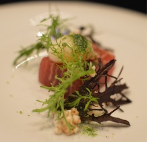 Sashimi of Yellow fin tuna, layered with Jamón ibérico w poached quail egg, onion cream, puffed buckwheat, shiso jelly, elk leaf & fresh wasabi