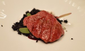 Seared Mandagery Creek venison w chocolate boudin noir, shichimi pepper, pickled cherry puree & coconut yoghurt