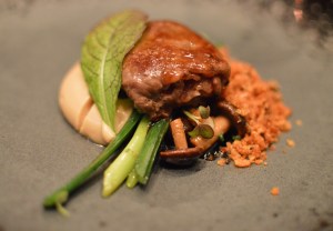 Seared rolled David Blackmore wagyu beef w chestnut mushroom, roasted red onion juice, wasabi fried potato & kombu crumb & citrus soy