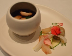 Clear broth of shiitake, fragrant lemon balm, ginger cake & salsify