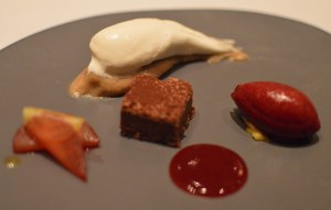 Spiced plums, chocolate & chestnut mont blanc, bay leaf & cassis