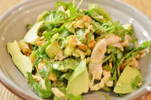 Chicken salad w spice roasted carrots, avocado, cashew & citrus dressing