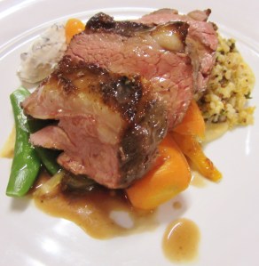 Milly Hill lamb rump w onion chickpea puree, mixed grain salad, orange cumin roasted carrots, port thyme jus w yoghurt & mint