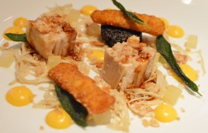 Roast pork belly w black pudding & pig's tail, poached enoki mushrooms, butternut, sage & crackle.