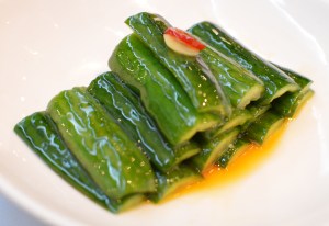 Cucumber salad marinated in chilli, sesame oil & garlic