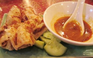 Roti w Malaysian curry sauce, cucumber & chilli