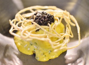 Sterling caviar w soft poached egg, crispy potato & allemande sauce