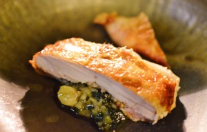 Deep fried deboned Burrawong Spatchcock w goji berry, garlic, caramelised onion, glutinous rice stuffing & reduced chicken stock and lotus seed sauce. - Copy