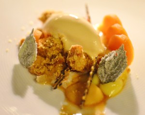 Sweet potato braised in soy caramel w lemon curd, miso ice cream and candied shiso