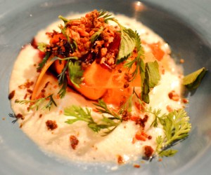 Carrot sorbet w white chocolate mousse, garden leaves & vadouvan