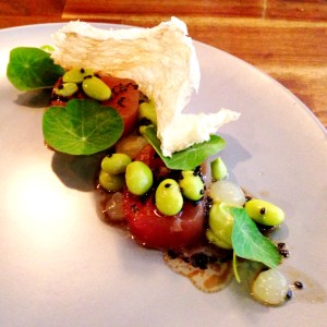 Raw tuna w avocado, apple & pork skin