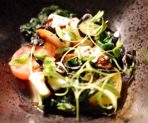 Housemade soy tofu w marinated spinach, toasted seeds, dashi & fragrant basil