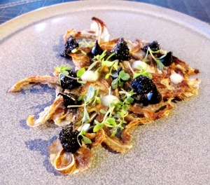 'Ode to Whitmarsh' Crispy pigs ear, black garlic, wasabi, Siam basil & Da Vinci caviar - Copy