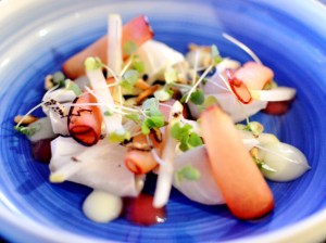 Sake cured cobia w shaved blood plum, wild rice, wasabi & nashi