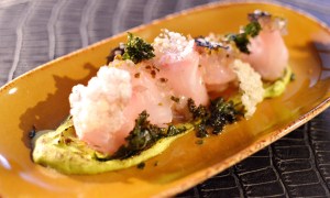 sashimi of pink snapper w scorched avocado, finger limes & crip tapioca