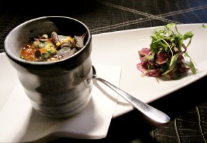 Steamed chawanmushi w white miso beef salad, sea urchin & lotus root