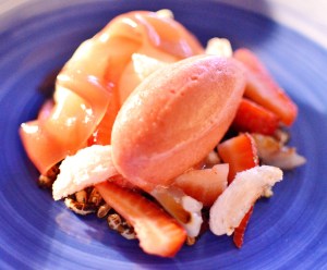 Sweet set vanilla tofu w lychees, strawberry & rose jelly & wild rice