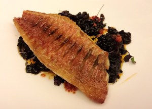 Pan fired Coffin Bay Red Mullet, Ink, Spelt, Chorizo & Squid