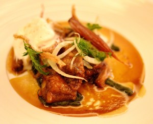 Braised pork jowl w caramelised white carrot & lemon balm