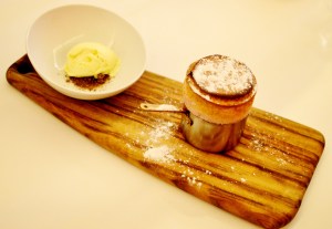 Rhubarb & strawberry soufflé w white chocolate ice cream