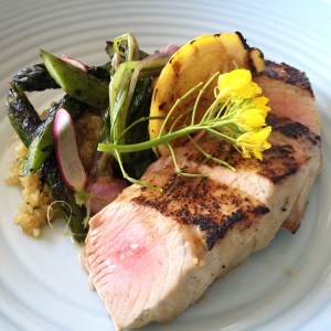White miso-glazed ruby tuna w robata-charred asparagus, Japanese turnips, lemon and quinoa
